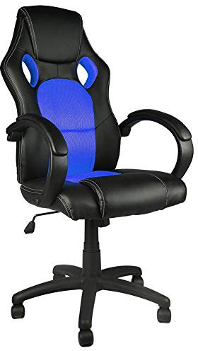 BAKAJI Sedia Sportiva Poltrona Direzionale da Ufficio 4 Ruote Girevole 360° Modello Racer Gaming Design Extra Lusso in Ecopelle Nero e Tessuto Blu