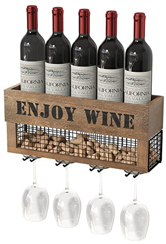Estante de vino montado en la pared, 5 estantes de almacenamiento de botellas de vino con 4 soportes organizador de copas de vino, bar del hogar, MK450A