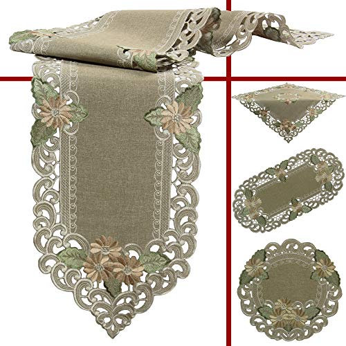 Quinnyshop Tischdecke Tischläufer Set Leinen-Optik Blumen Stickerei ca. 40x90 cm Oval Polyester, Grün-Beige