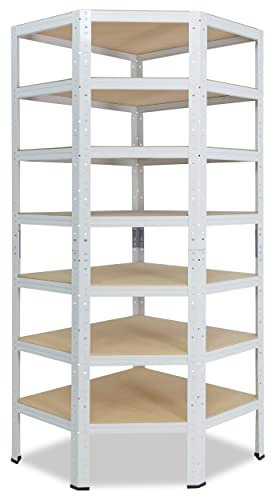 shelfplaza® 230x70x45cm HOME Eckregal Schwerlast weiß/Metallregal Eckregal stehend 7 Böden je 125kg Tragkraft/Corner Shelf Schwerlastregal Ecke/Steckregal Schwerlastregal Eckregal