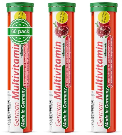 German Multivitamin + Mineralien Drink Effervescent Tablets 60 Servings Pomegranate Flavour – 10 Vitamins + 2 Minerals – Made in Germany