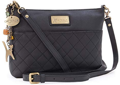 Catwalk Collection Handbags - Damen Umhängetasche Klein - Crossbody Bag - Gesteppte Leder - Clutch mit Abnehmbarer Schultergurt - JOSIE - Schwarz