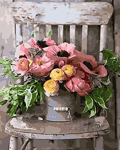LukFun Peinture par numéros pour adultes, kit de peinture à l'huile par numéro – Fleurs sur chaise 40 x 50 cm (fleurs élégantes, sans cadre)