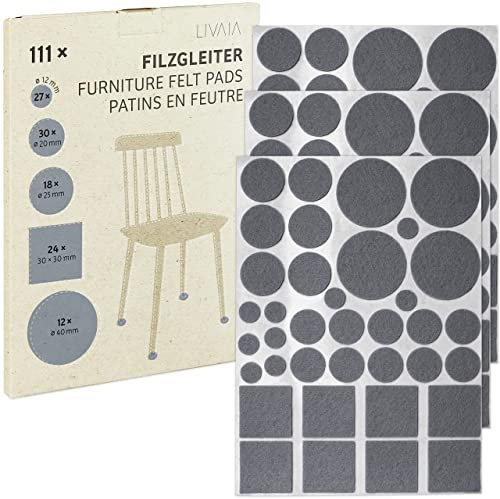 LIVAIA Patins en Feutre Auto-adhésif Gris: 111x Patins en Feutrine pour Meubles et chaises en 5 formats - Tampon de Protection pour Le Sol - Patins Ronds pour Pied de Chaise, Meuble et Table