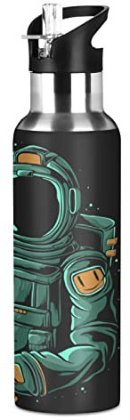 Vnurnrn Astronaut Weltraum Cartoon-Muster Trinkflasche Wasserflasche mit Strohhalm 600ML, Thermosflasche Vakuumisolierte aus Edelstahl 18/8, BPA-frei für Kinder Sport Wandern Schule