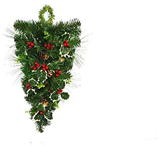 Ghirlanda Verticale Fuori Porta Natale 54 cm Rami in PVC con Bacche rosse Pungitopo Poinsettia Pigne ADDOBBI Decorazioni con Fiocco STELLA DI NATALE