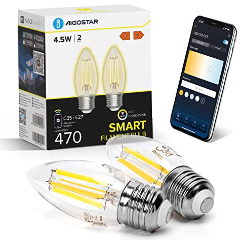 Aigostar Lampadine Smart WiFi E27 Alexa Lampadine Vintage C35 4.5W Edison Lampadina WiFi Dimmerabile 2700K-6500K, Controllo Remoto tramite APP, Compatibile Con Alexa, Google Home, Trasparente 2 pezzi