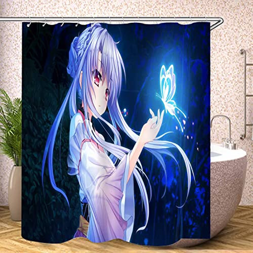 Fgolphd Duschvorhang Textil 120x200 180x200 180x180 Anime Mädchen Bunt Pink Blau, 3D-Druck 100% Polyester,Shower Curtains Wasserdicht (12,120 x 200 cm)