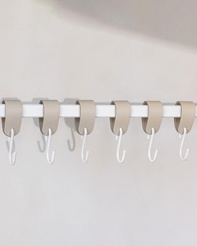 Metallbude Kleiderhaken S-HAKEN - 6er Set in Beige/Weiß - Modernes Design - Garderobenhaken aus Hochwertiger Lederschlaufe & Stahl - 10 cm