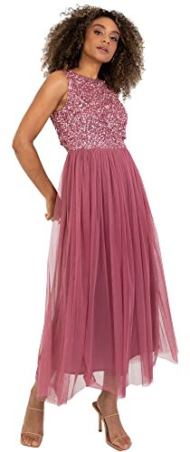 Maya Deluxe Midaxi Dress Women Ladies Sleeveless Sequins High Empire Waist Tulle Embellished for Wedding Guest Ball Robe de Demoiselle d'honneur, Desert Rose, 6 Femme