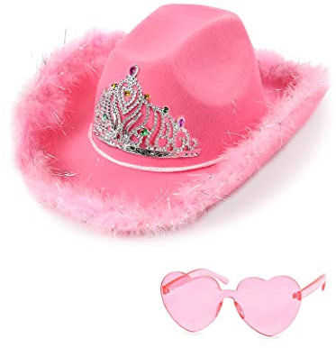 JIANGLAI Cappello da cowboy con occhiali da sole a forma di cuore, cappello da cowgirl con piume per Halloween, addio al nubilato (rosa)