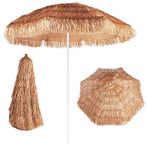 6,5 Pieds Parasol Hawaïen en Paille Plage Tropicale 8 Côtes Robustes avec Fonction D'inclinaison Parapluie Paille Plage Patio Jardin pour Balcon Extérieur Piscine Parasol