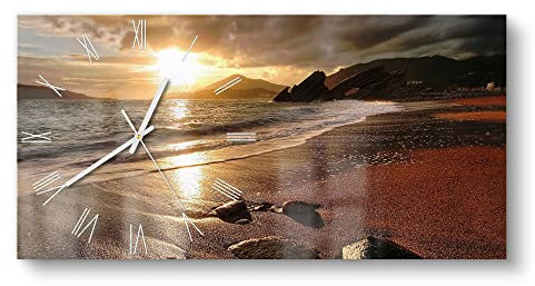 DEQORI Glasuhr | vertikal 60x30 cm | Motiv Strand im Sonnenuntergang | große XXL Design Uhr aus Glas | leise Wanduhr für Wohnzimmer & Küche | moderne Hingucker Uhr für die Wand