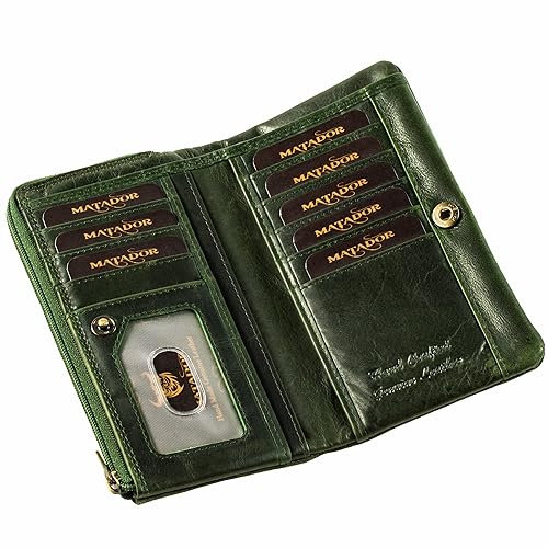 MATADOR Puebla Leder Portemonnaie Damen Mittelgroß Mit Edler Geschenkverpackung | RFID Geldbörse im Hochformat | Geldbeutel Grün