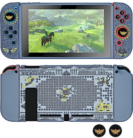 DLseego Dockable Case Design for Switch Console 2017, Anti-Slip Shock-Absorption Protective Soft Slim Carrying Case and Joy Con Controller with 2 Medals Thumb Grip Caps-Gray Mechanical Cube