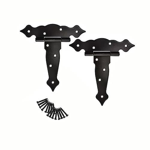 KOVNISE 2 Pack T-Strap Heavy Duty Shed Door Hinges Gate Strap Hinges Black Fancy Tee Hinge Wrought Hardware for Wood Shed Barn Door Fence Gate Swing Yard Door (6 Inch)