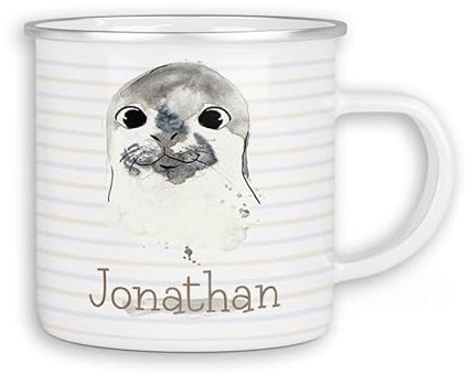 timalo® Emaille Tasse personalisiert mit Namen | Kinder Blechtasse Kindertasse bedruckt mit süßen Tiermotiven Kindergarten Motiv Tiere | 22- Robbe