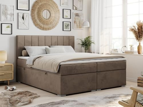 MKS MEBLE Boxspringbett 180x200 Mit 2 Bettkästen, Polsterbett Mit Matratze H3 Topper, Bett Mit Kopfteil - Braun Velvet - H3 - Ally