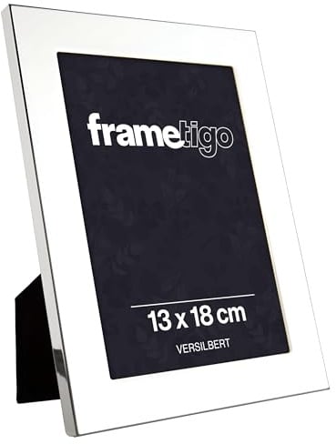 Frametigo Bilderrahmen 13x18cm – Versilberter Metallrahmen mit breitem Rand & Glas – Anlaufschutz – Samtrückseite & Ständer – Hoch- & Querformat