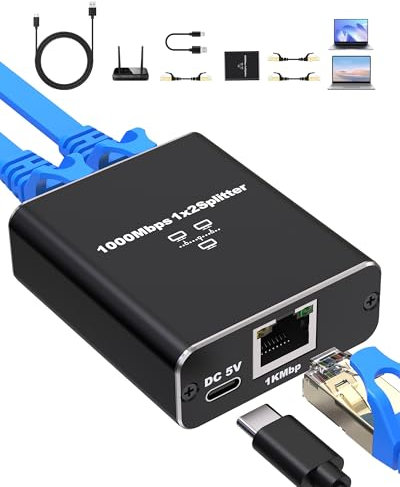 VANDESAIL LAN Splitter 1 auf 2 1000Mbps RJ45 Ethernet Splitter Gigabit Netzwerk Switch Mit USB Stromkabel LAN Switch für Computer,Hub,Switch,Router,Cat5/5e/6/7/8 Kabel