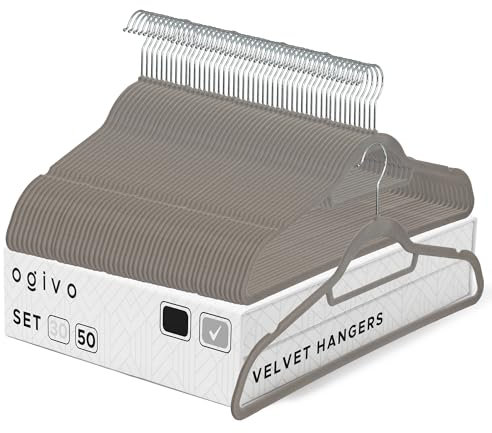 OGIVO Samt Kleiderbügel - 50er Set - rutschfest Bügel für Ihren Garderobe - kleine Stange für Krawatten - Haken um 360° drehbar - Einkerbungen im Schulterbereich - Hangers Clothes (Grau)