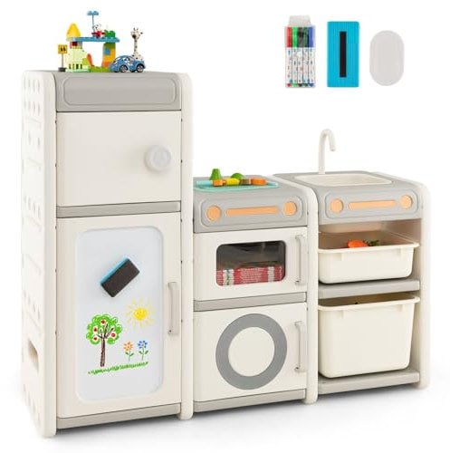 COSTWAY Étagère de Rangement Jouet en Forme Cuisine avec Tableau Blanc & Évier Amovible, Meuble de Rangement Jouet en HDPE avec 4 Armoires & 2 Bacs, Dispositif Anti-basculement, 116 x 38 x 98 cm