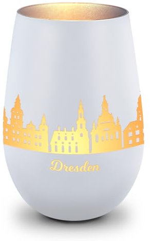GRAVURZEILE Deko Windlicht aus Glas mit Gravur - Skyline Dresden - Hochwertige 360° Lasergravur - Dekoratives Geschenk als Andenken, Souvenir oder für Sammler zum Geburtstag - Farbe: Weiß/Silber