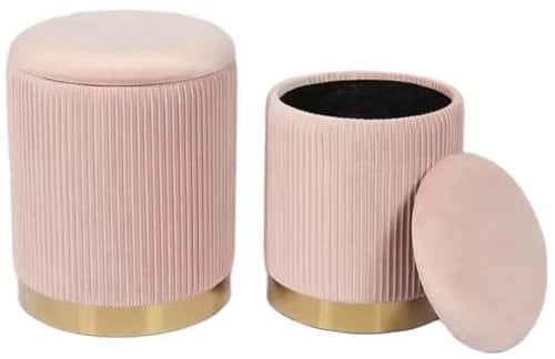 Shally Dogan Set 2 Pouf Contenitori in Velluto, Design Moderno con Fascia in Metallo, Poggiapiedi Rotondo Capiente, Sgabello Tondo con Coperchio Rimovibile e Seduta Imbottita Alta Densità (Rosa)