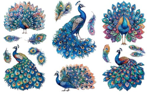 Peacoblue UV DTF Rub-On Transferfolie Möbel-Sticker Pfau Muster 15x30cm, 3 Stk. Wasserfeste Deko-Transferaufkleber für Möbel Glas Gläser Porzellan Wäscheschränke Kommoden Holz Kunststoff