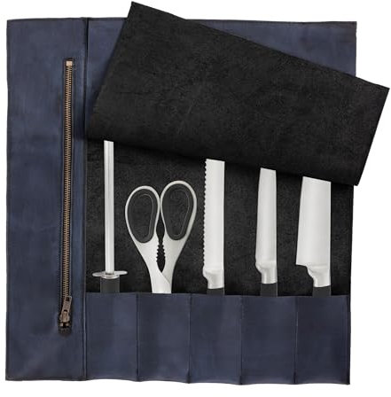 Full Grain Handmade Waxed Blue Leather Knife Storage Roll, Tool Holder, Leather Knife Roll Bag,Handcrafted Chef Birthday Gift, Chef Case Knife Storage Roll(5 Pockets)