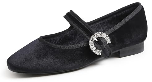 Feversole Women's Mary Jane Fashion Square Toe Easy Buckle Low Heel Slip On Flats Black Velvet Size 6 UK