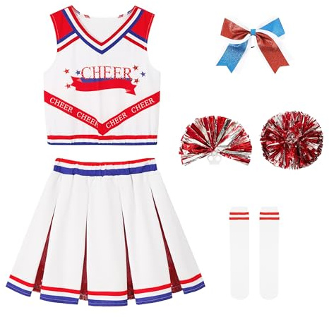 LOLANTA Disfraz de Animadora para Niñas,Traje Animadora con Pompones, Disfraces Cheerleader Halloween para Niñas, 5-13 años