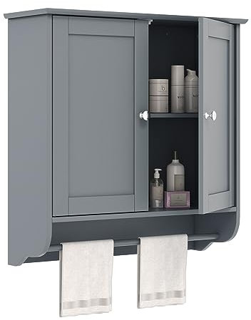 COSTWAY Bathroom Wall Cabinet, Wooden Storage Cupboard with 2 Doors, 3-Position Adjustable Shelf & Towel Bar, Wall Mounted Medicine Cabinet Unit for Kitchen, Living Room and Hallway (Grey)