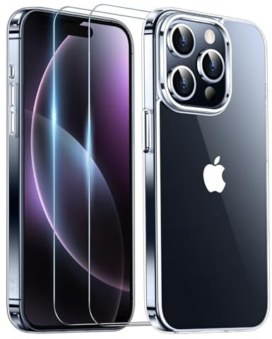 Temdan Clear Case Compatible with iPhone 15 Pro 6.1 [Anti-Yellowing] [Military Grade Drop Protection], 1 Phone Case + 2 Tempered Glass Screen Protector, Shockproof Protective Slim Cover - Clear