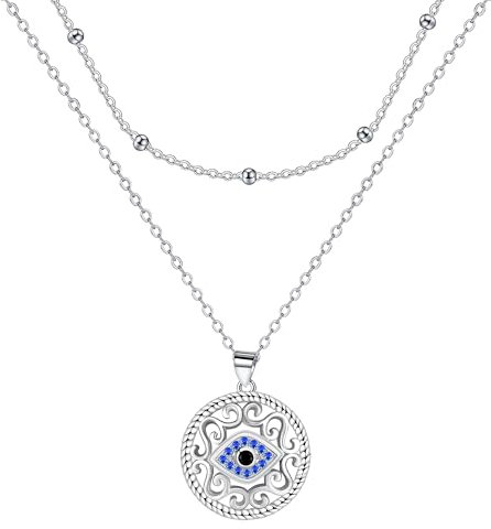 J.MUEN Damen Bösem Auge Halskette Silber 925 - Blau Evil Eye hänger Glücksbringer Zirkonia Kette Geschenk für Sie Frau Freundin Mama Valentinstag Weihnachten Muttertags