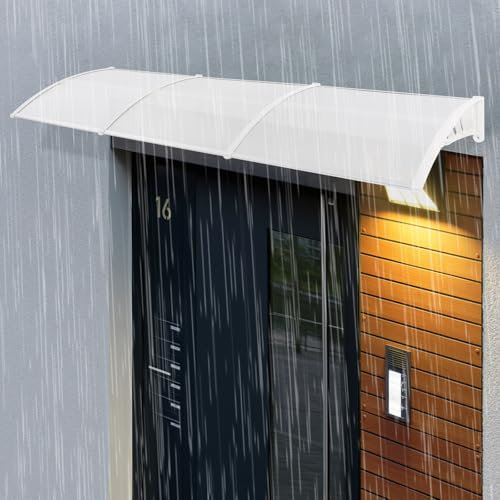 MEELRYD Vordach Für Haustür mit Seitenteil, 300 x 100 cm Transparentes Pultbogenvordach Türdach mit gebogener PP Halterung für Garage Balkon Fenster Haus Regen- und schneesicher
