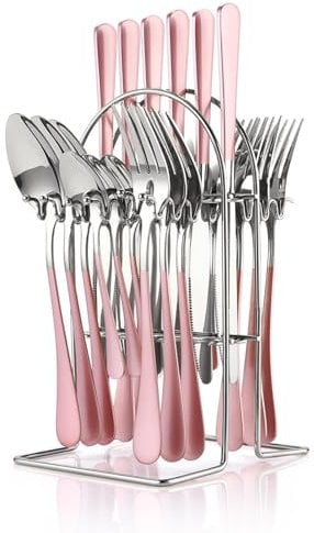 Flatware Set with Stand, 24 Pieces Stainless Steel Cutlery Set with Holder, Knife Fork Spoon Hanging Flatware Setfor 6 Person, Modern Kitchen Eating Utensils Set, Dishwasher Safe (Pink)