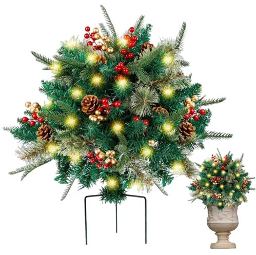 Holiday Planter Outdoor Christmas Tree for Front Porch - LED Lighted Artificial Pine Tree Urn Filler for Xmas Decor