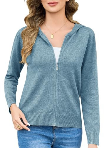 Aottori Strickjacke Damen Kurz Cardigan mit Kapuze Reißverschluss Langarm Kapuzenpullover Herbst Winter Jacke Elegant Casual Strickcardigan Pullover Outerwear Strickmantel Blau XXL