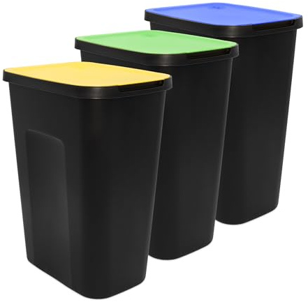 Spetebo Abfalleimer schwarz mit farbigem Klappdeckel 3er Set - 35 L | Mülltrennsystem für Kunststoff Biomüll Altpapier - Recycling System Abfallbehälter Mülltrennung Abfalltrennung