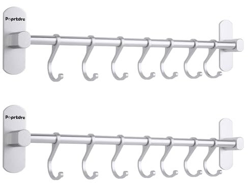 Poprkdre Hakenleiste Küche ohne Bohren, Selbstklebend Küchenschiene mit 7 Haken, Kleiderhaken ohne Bohren, 20kg Tragfähigkeit, Aluminium, Silber (2 pack)