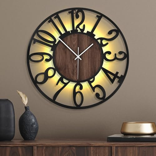 Mee 2ou Leuchtende Wanduhr Geräuschlos – 60 cm Große Batteriebetriebene Uhr mit Nachtlicht, Ohne Ticken, LED Licht im Dunkeln, Moderne Metall Wanduhr in Holzoptik für Wohnzimmer Schlafzimmer Küche