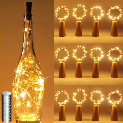 ALEGRE® 12 Stück Led Flaschenlicht mit Batterie, 2M 20 LED Flaschenlichterkette Korken, Wasserdicht Warmweiß Flaschenlichter, Lichterkette Flasche für DIY Hochzeit, Halloween, Weihnachten Gläser Deko