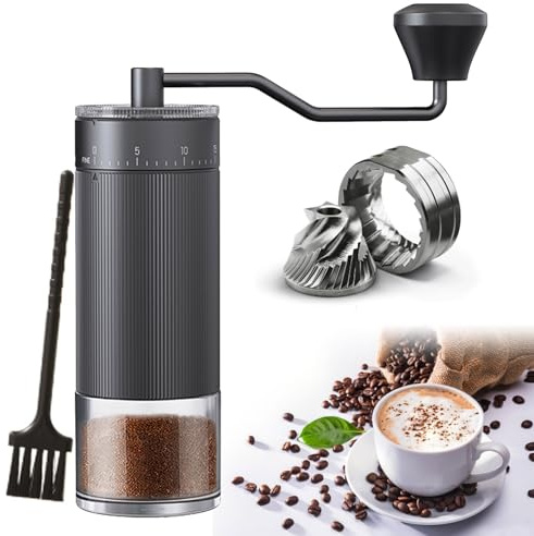 Tragbare manuelle Kaffeemühle mit konischem CNC-Frässtift aus Edelstahl, 40 verstellbare Einstellungen, Hand-Kaffeebohnenmühle mit 25 g Kapazität und Kurbel für Reisen, Camping, Büro, Zuhause