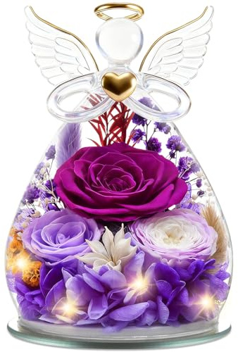YiHuaHua Ewige Blume Engel Figur Geschenk für Frauen, Valentinstag für Sie, Muttertag, Mama Ehefrau Geburtstag, Geschenk Valentinstag Ewige Blume mit LED-Beleuchtung (Lila und Weiß)