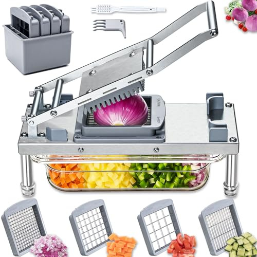 Stainless Steel Vegetable Chopper with 4 Blades - Mandoline Slicer-Pro Food Chopper with Container - Veggie Salad Onion Chopper - Potato Dicer - Tomato Cutter - Cheese Grater