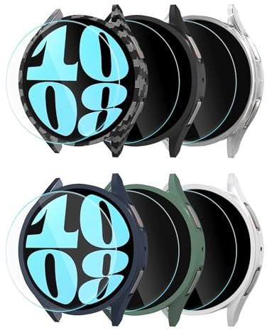 Sinoacc Lot de 6 + 6 coques de protection d'écran pour Galaxy Watch 6 de 44 mm, HD, anti-buée et anti-rayures en verre trempé 9H, étanche et anti-chocs, ensemble de coques de protection globale pour
