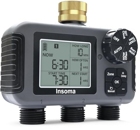 Insoma Temporizador de aspersor de 3 zonas con entrada de latón + IPX5 impermeable | Modo de riego automático y manual programable con retardo de lluvia y LCD grande | Temporizador de manguera de agua