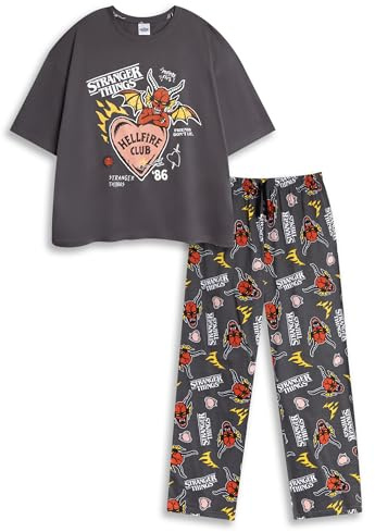 Stranger Things Hellfire Club Womens Black Short Sleeve Long Leg Pyjama Set | Graphic Tee & Cartoon Bottoms | Sleepwear for Fans of the Series Merch