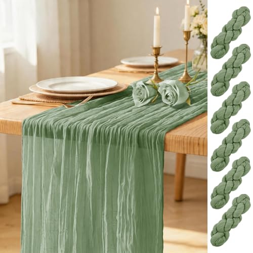 6 Pièces Chemins de Table Vert Sauge, Chemin de Table en Étamine, 45x275cm | Chemin de table en gaze, long tissu transparent rustique, chemin de table en tissu fromage, pour fête de mariage